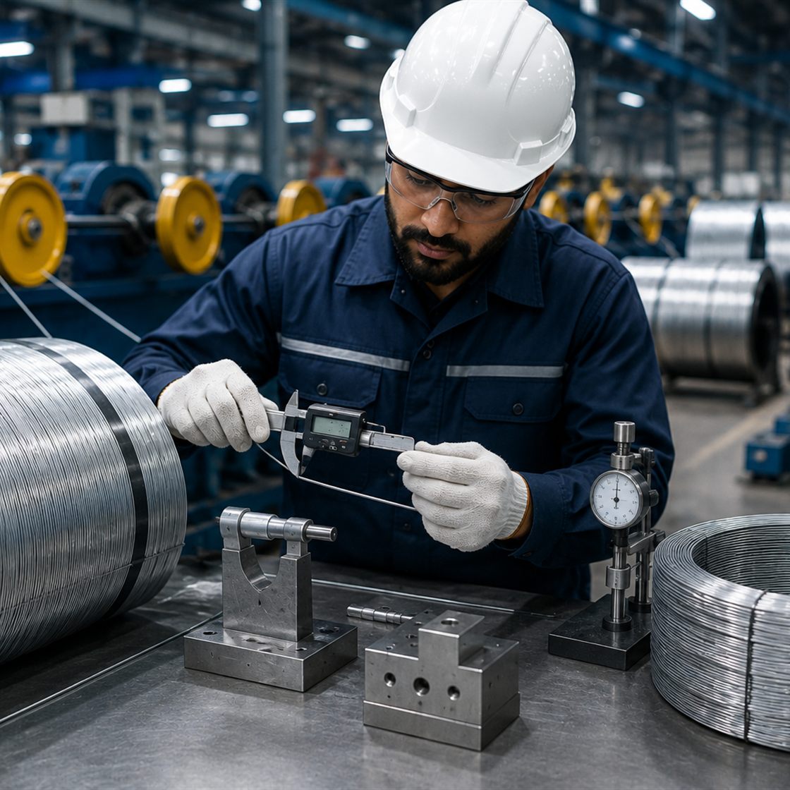 Technician measuring wire diameter with a digital caliper alongside a dial gauge and test fixtures on the inspection bench.