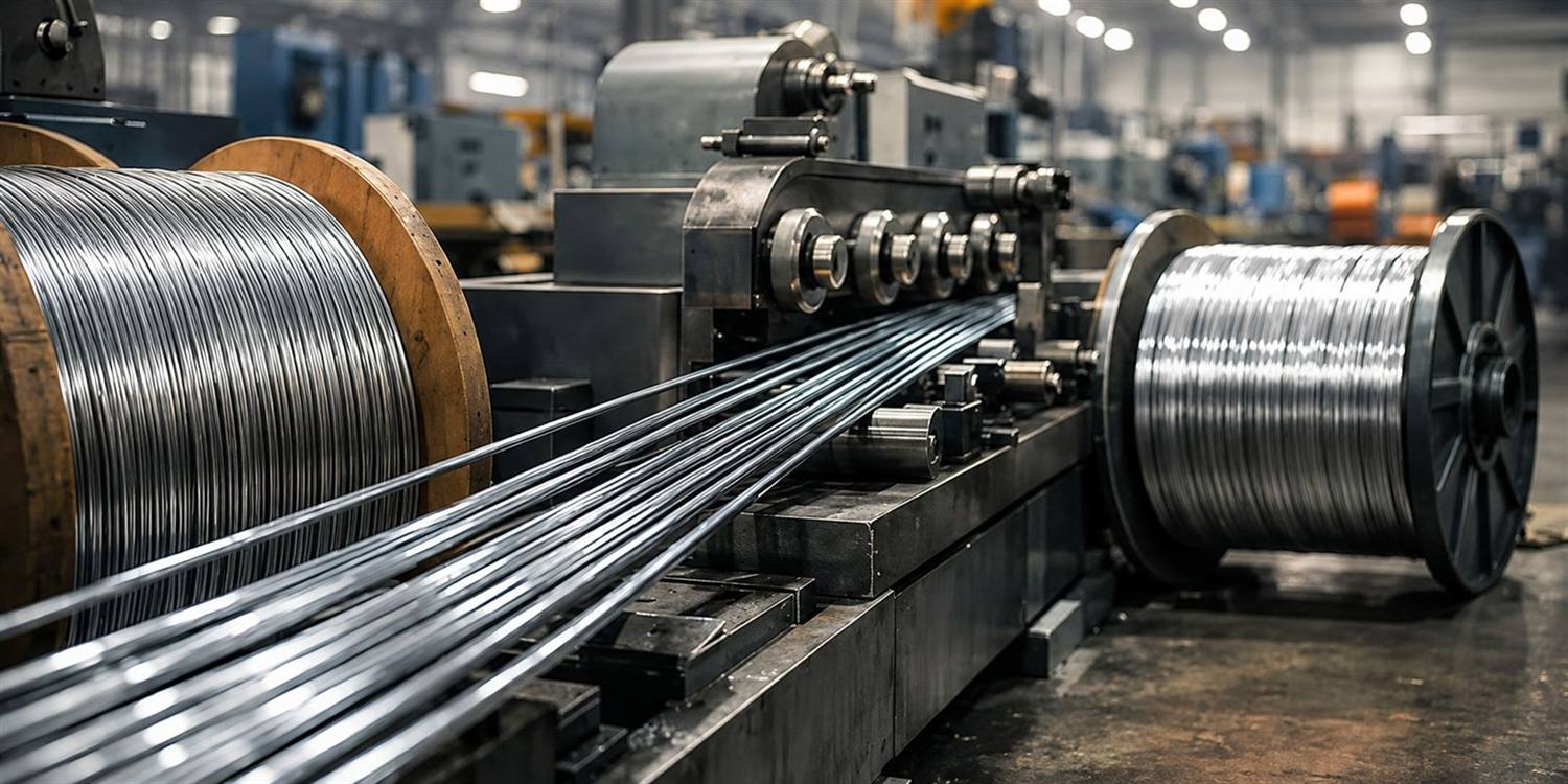 Wire being drawn from stock spools through the drawing line at the WireZen Industries facility.